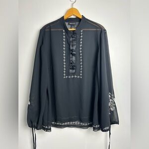 Lane Bryant Women top Blouse Size 18-20 Black Embroidery Sheer Long Sleeve